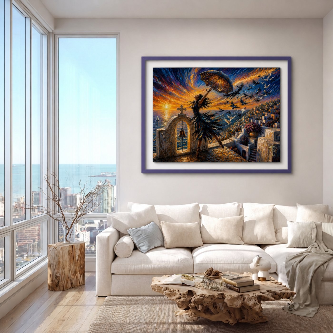 Free to Rise acrylic glass print in a purple floater frame in a living room